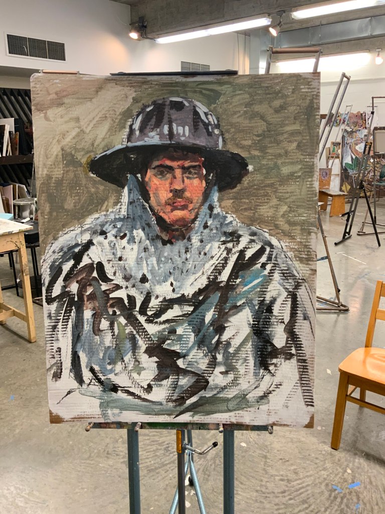 Photograph of a portrait painting on cardboard by Lars Hoglo. The Subject is a man wearing armor, his face is revealed, while he wears chainmail and a kettle hat. The brush work is expressive. The painting was created in 2022. 