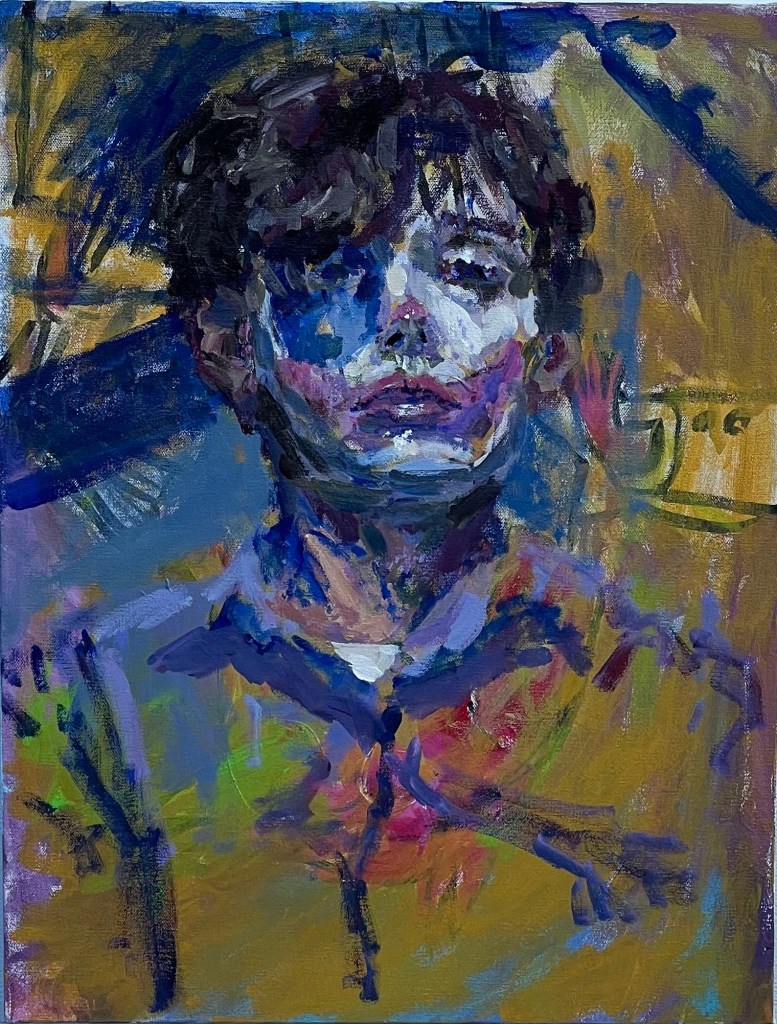 Acrylic self portrait of artist Lars Hoglo while wearing clown make up. There are various yellows and blues throughout the painting as well as some white paint on the man's face and red-purple markings. His expression is solemn. In the background is an older painting.