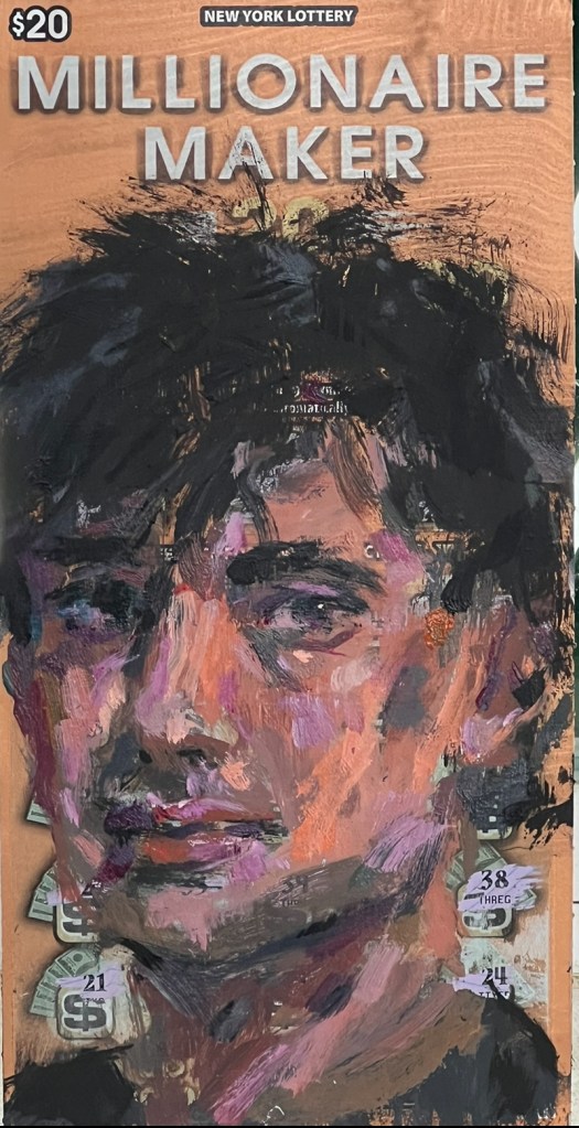 self portrait on a 20 dollar scratch off titled Millionaire Maker. The art work features heavy oranges, and cool pink highlight.